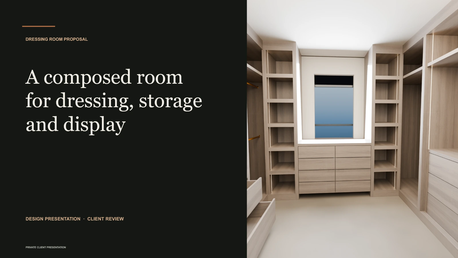 Presentation cover titled A composed room for dressing, storage and display