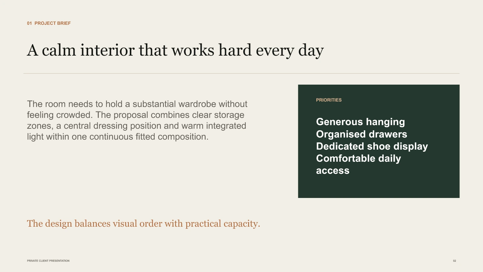 Project brief page setting out the dressing-room priorities
