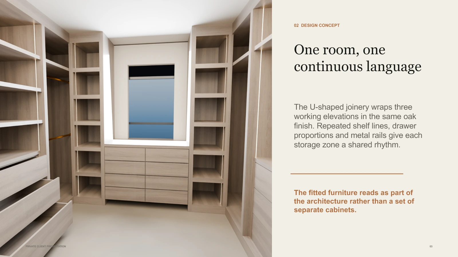 Design concept page showing the continuous U-shaped fitted interior