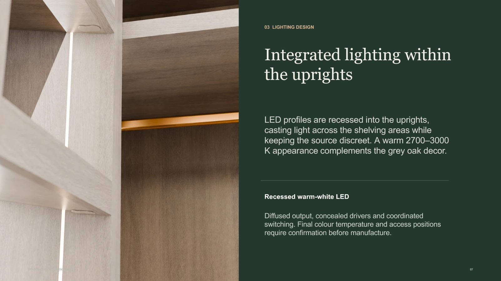 Lighting design page showing recessed warm-white LED profiles within the uprights