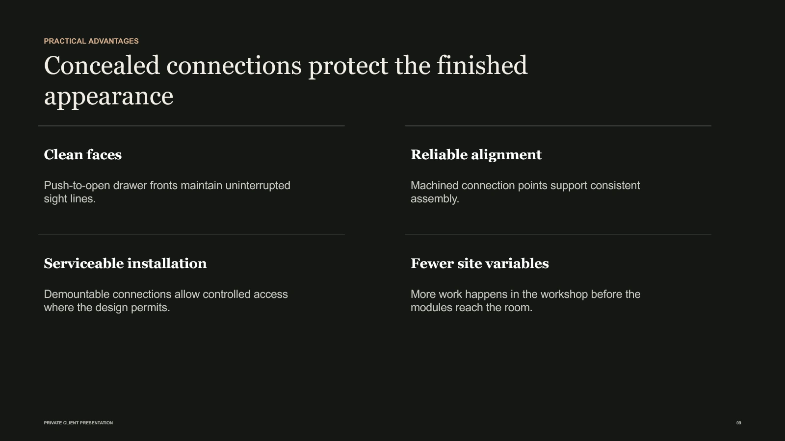 Practical advantages page covering concealed connections and controlled installation