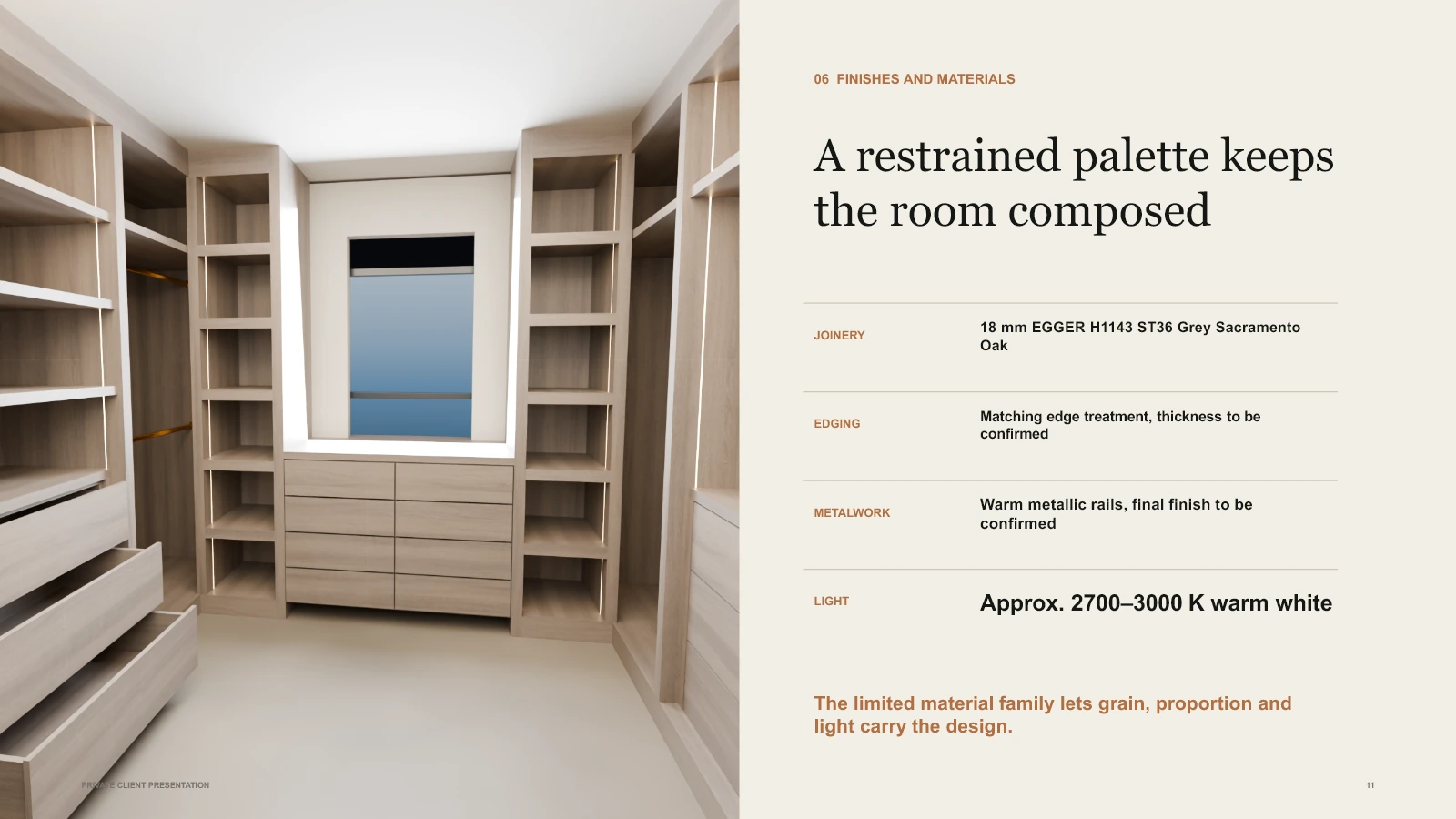 Finishes and materials page setting out oak, edging, metalwork and lighting