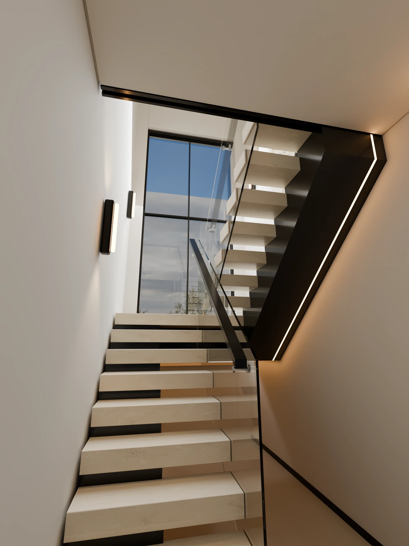Design render of the feature staircase, showing pale treads, dark oak, glass and integrated lighting