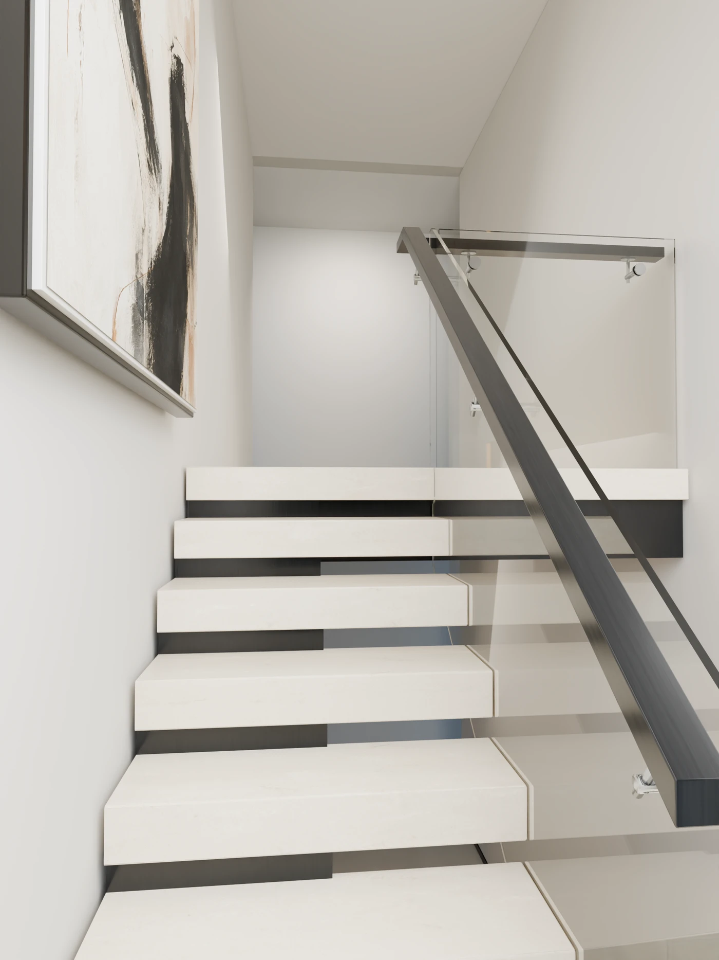 Upper-flight design visualisation showing projecting pale treads, glass balustrades and revised wall artwork.