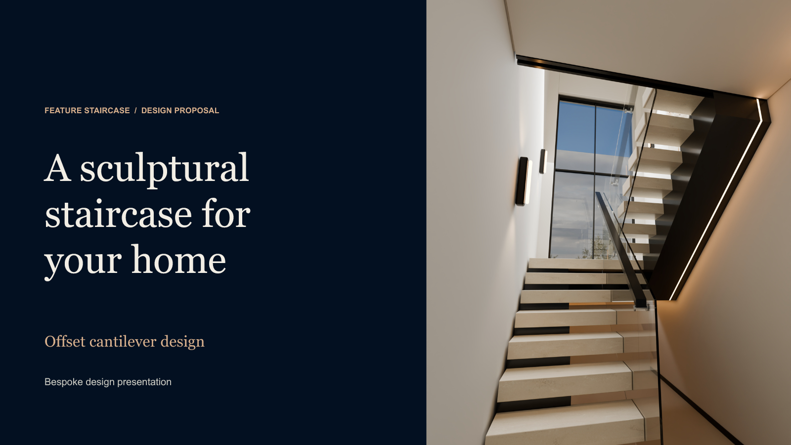 A sculptural staircase for your home. Offset cantilever design. Bespoke design presentation.