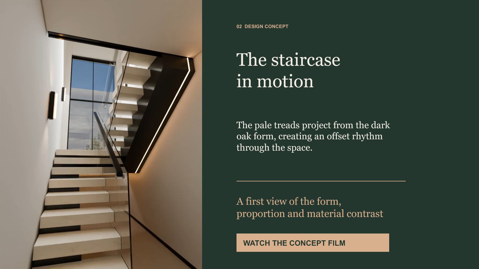The staircase in motion. Pale treads project from the dark oak form, showing the proportions and material contrast. The original concept film is available below.