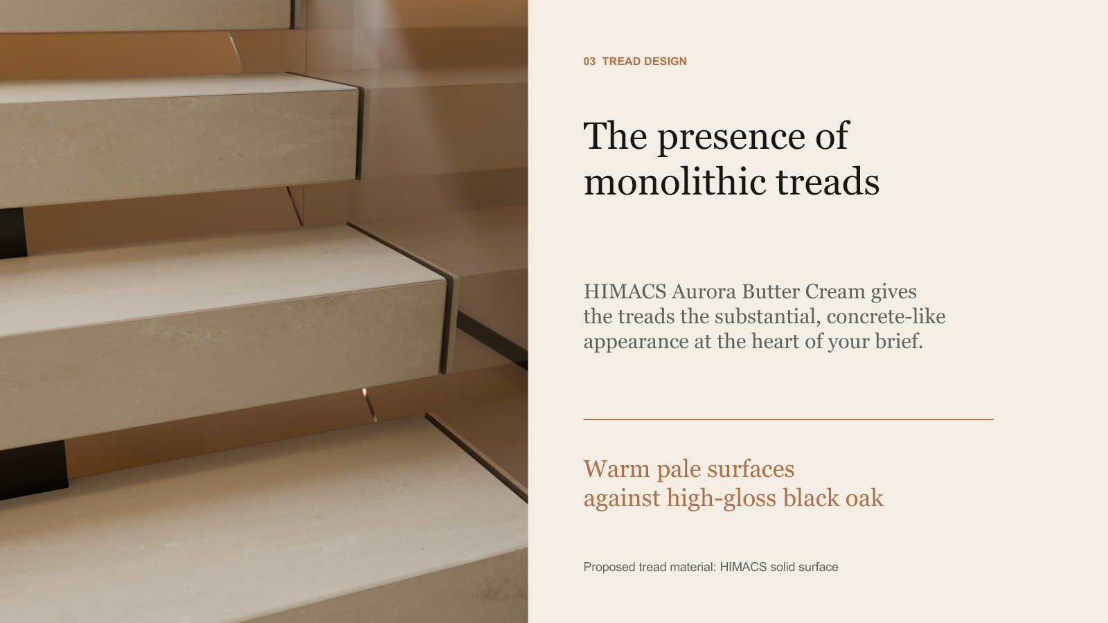 HIMACS Aurora Butter Cream solid surface provides the substantial concrete-like appearance, with warm pale surfaces against high-gloss black oak.