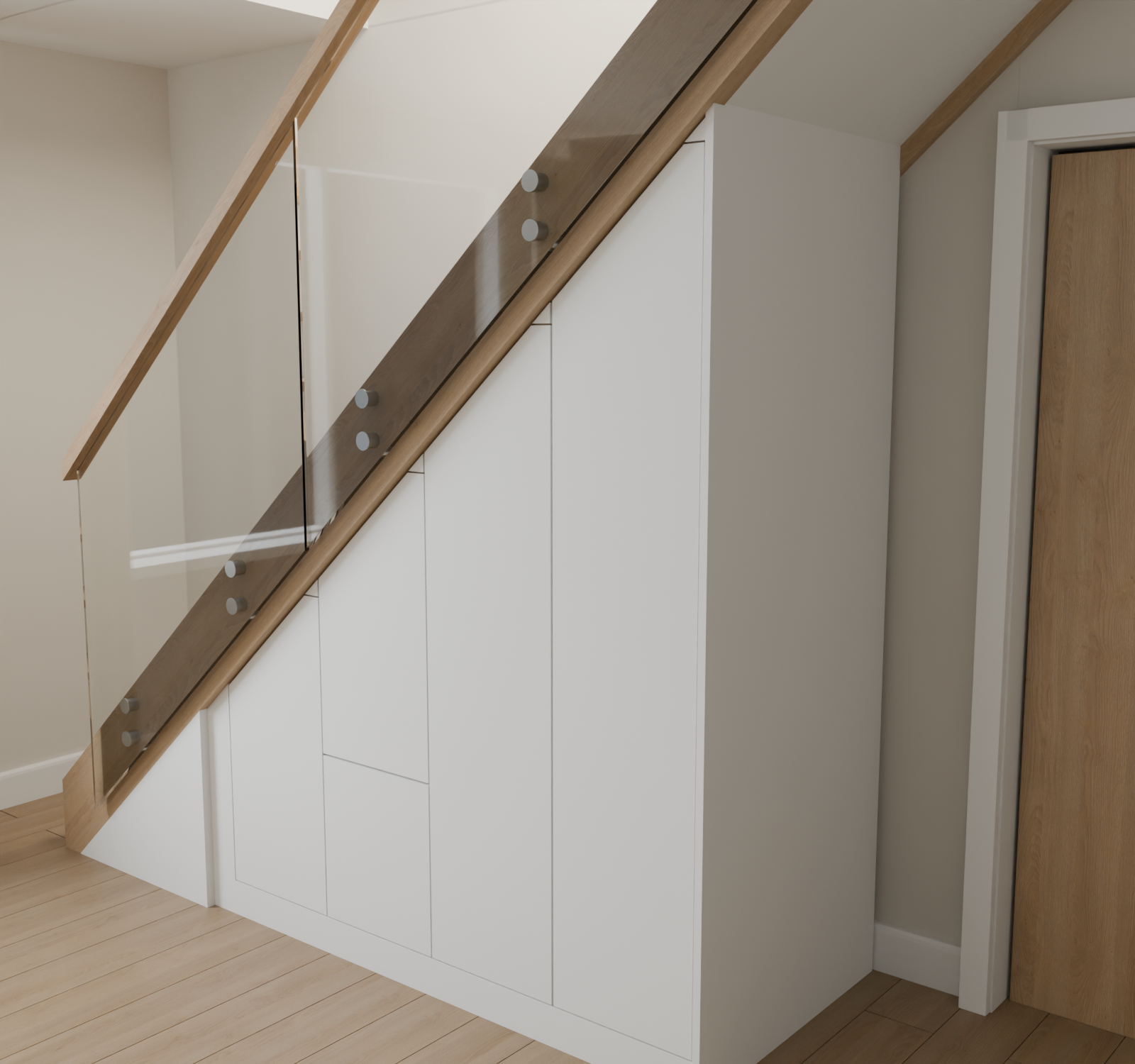 Right-hand design view showing the white end panel and the depth of the fitted understair cabinetry.