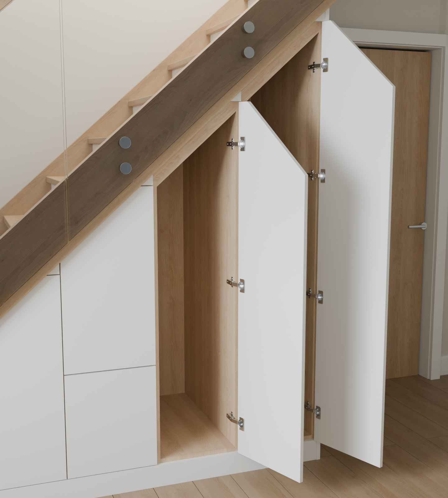 Design visualisation of the two empty oak-lined tall cupboards with their sloping doors open.