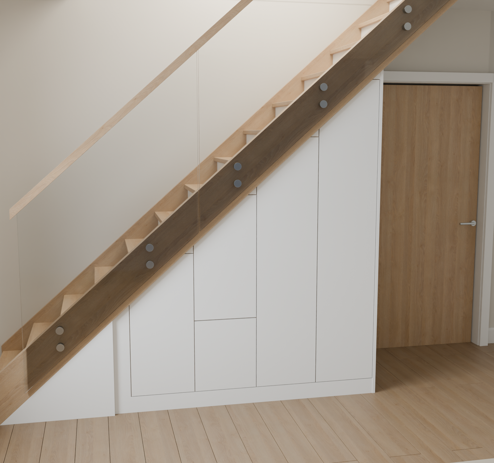 Design visualisation of white understair cabinetry beneath an oak staircase