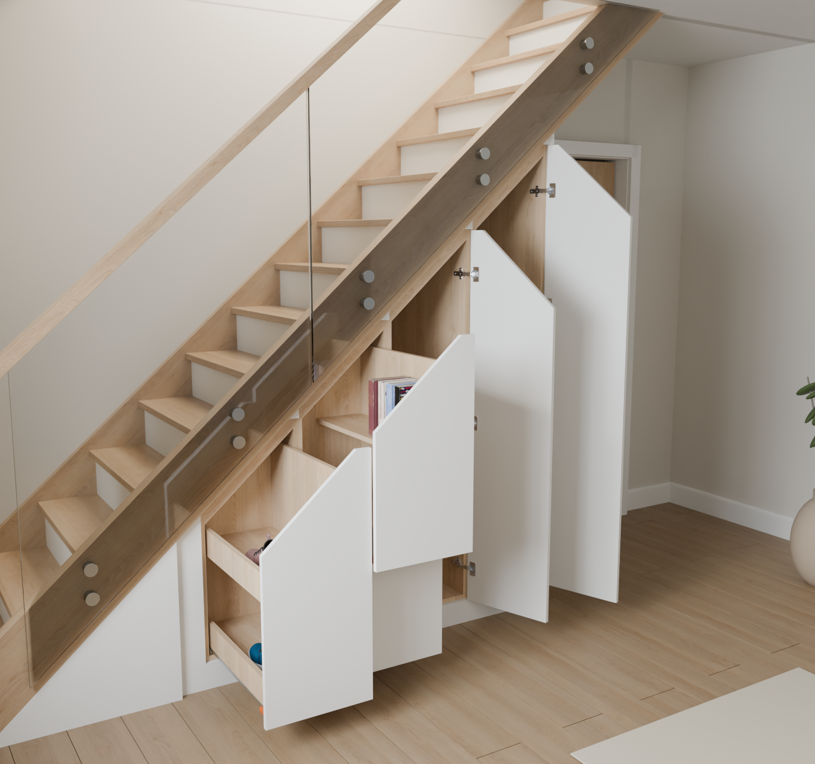 Design visualisation with all three independent pull-outs and both tall hinged cupboards open.
