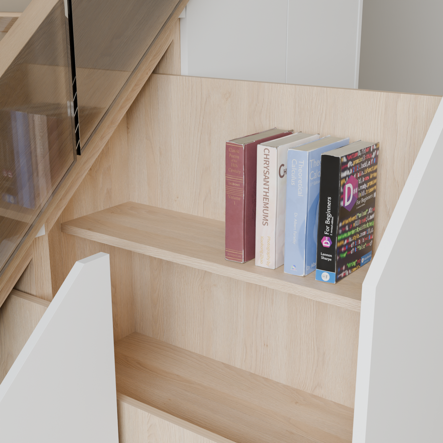Design visualisation of four books on the supplied partial shelf in the upper drawer, with space below.